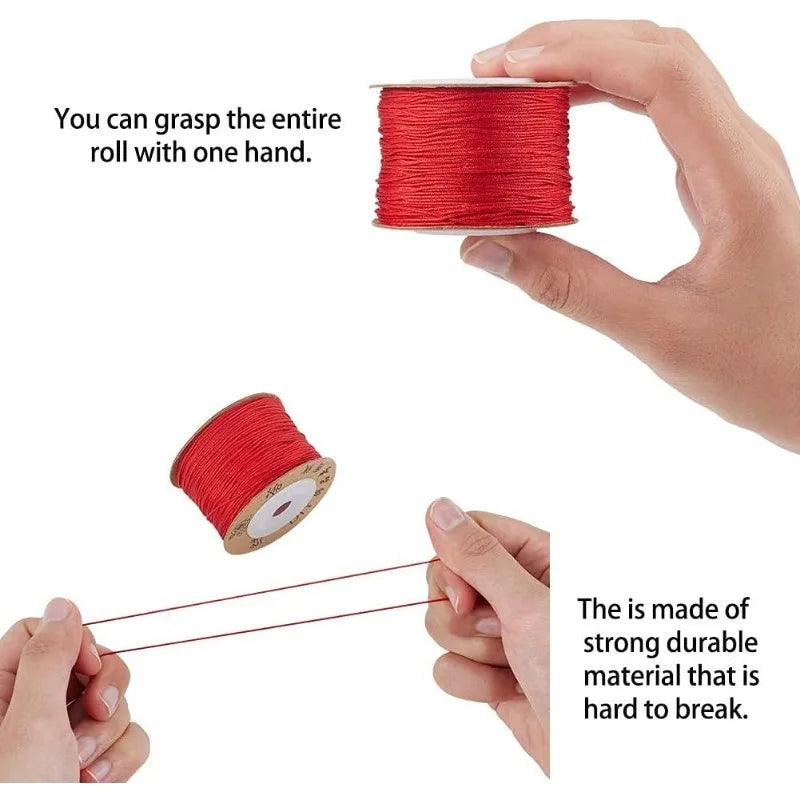A hand grips a roll of red nylon cord for jewelry making and crafting, showing how to grasp the entire roll with one hand.
