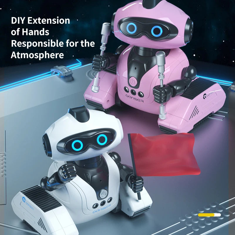 A pink robot toy with hands extension features is shown next to a white robot toy and a red flag.