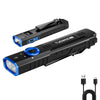 A black tactical flashlight with a blue lens and a silver body is shown in a horizontal view.