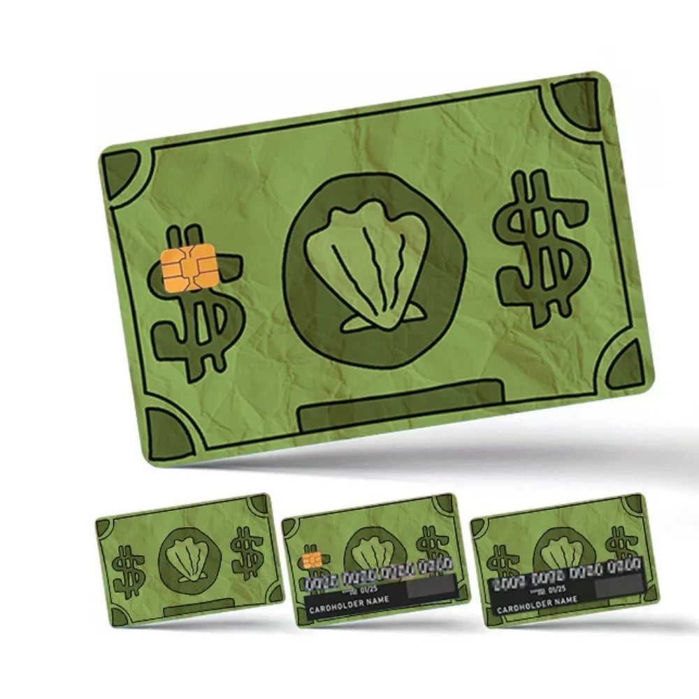 A set of four decorative credit card skin stickers featuring a green design with a leaf and dollar sign.