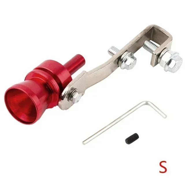 A red turbo sound whistle with a metal clamp and mounting hardware for car exhaust pipes.