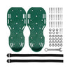 A set of dark green adjustable lawn aerator shoes with spikes, hardware, and straps.