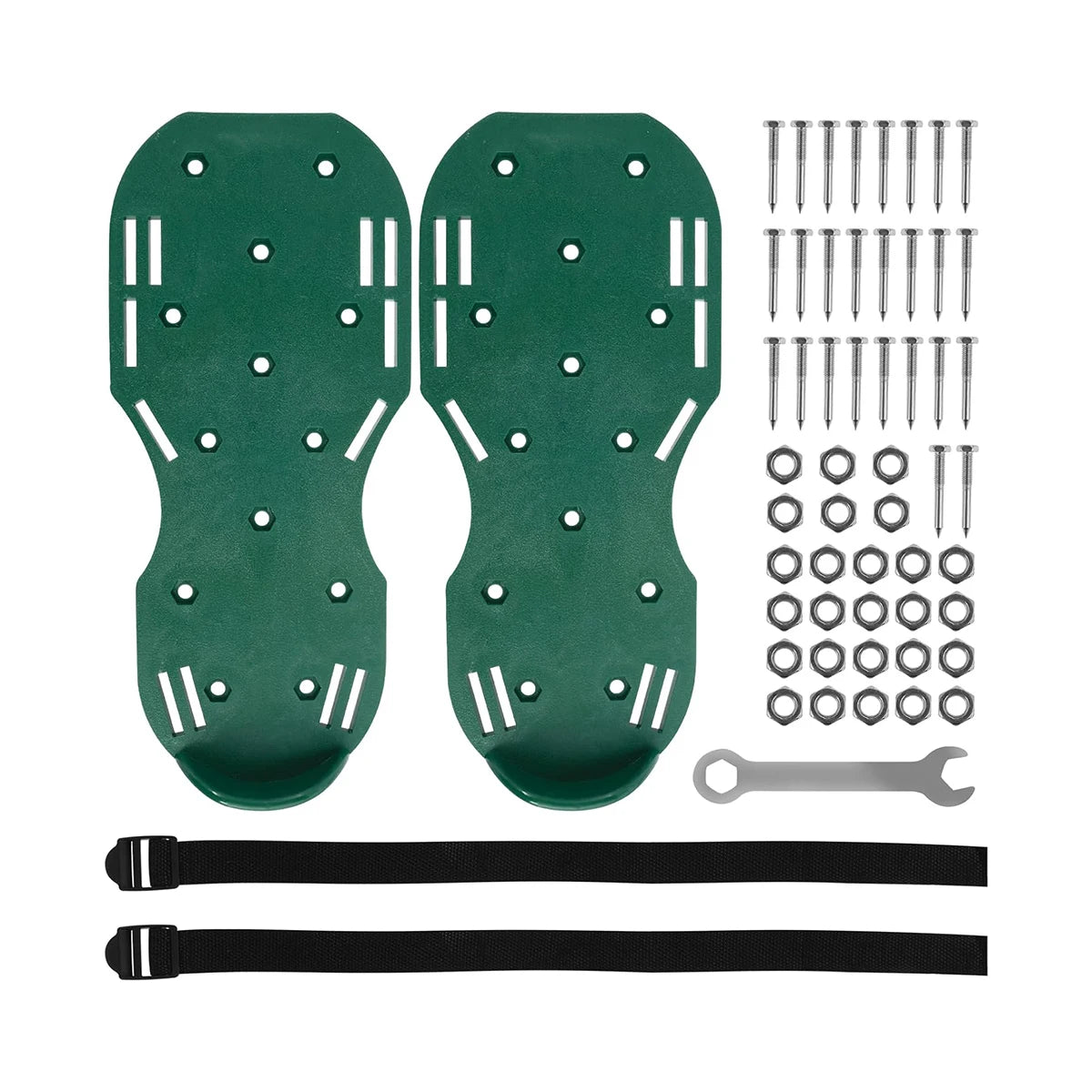 A set of dark green adjustable lawn aerator shoes with spikes, hardware, and straps.