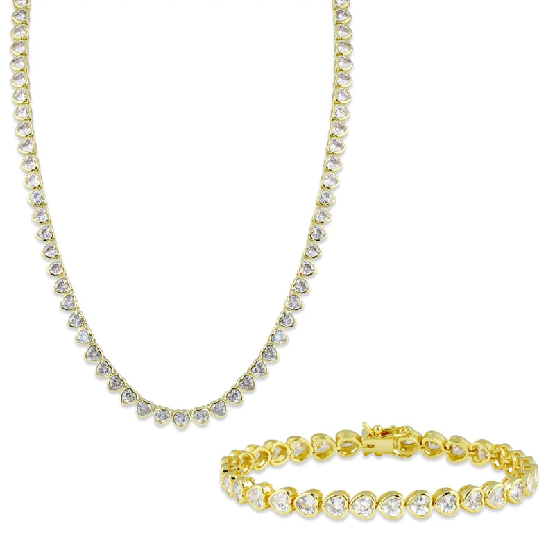 Heart Tennis Jewelry Set with Geometric Bezel