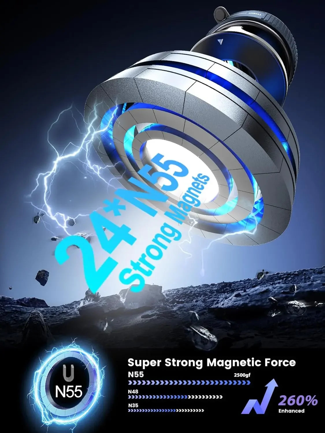 A close-up of a magnetic phone mount demonstrating strong magnetic force and 260% enhanced performance.