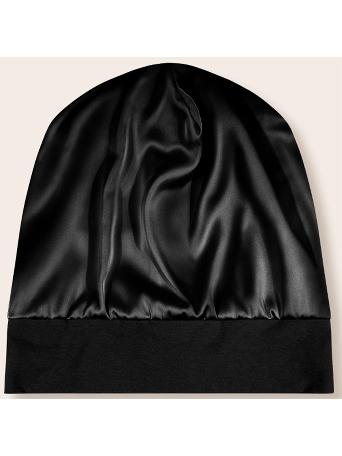 Black silk satin sleep bonnet with a gathered top and a solid black band.