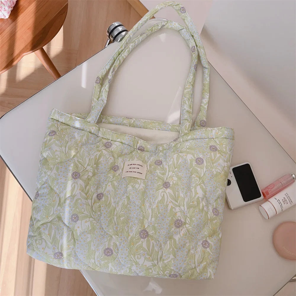 Quilted Floral Cotton Tote Bag with Padded Handle