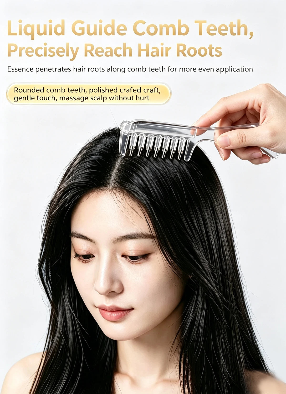 A woman is using a liquid guide comb with rounded teeth to massage her hair roots.