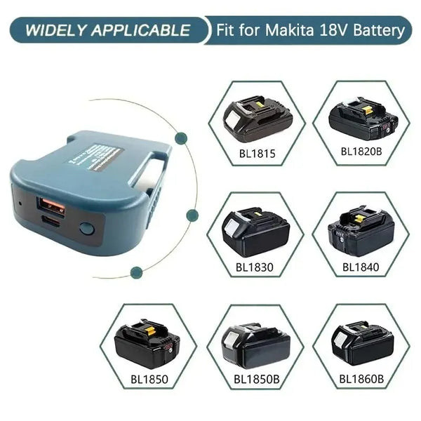 A collection of various Makita 18V battery power adapters including BL1815, BL1820B, BL1830, BL1840, BL1850, BL1850B, and BL1