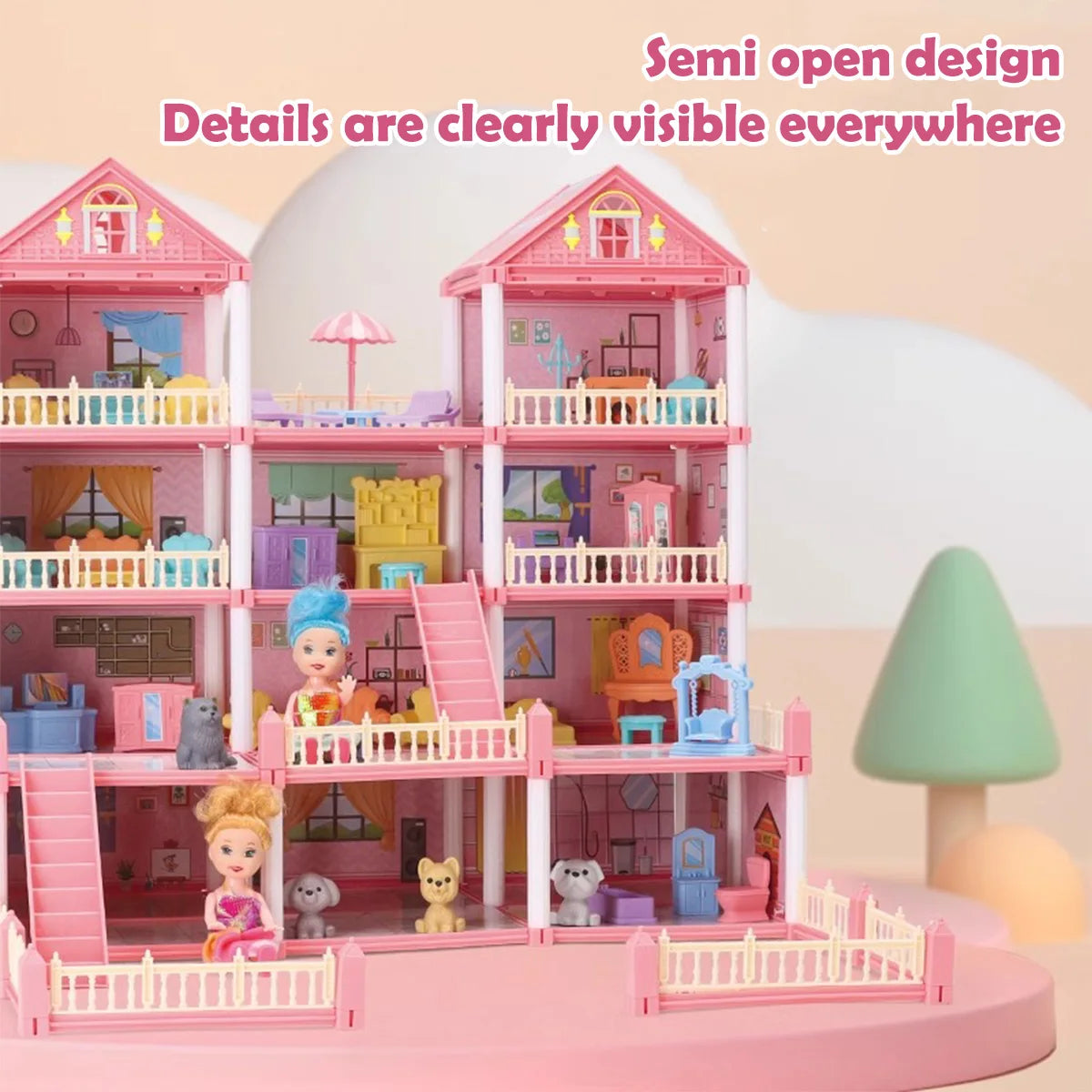 Pink dollhouse featuring a multi-story castle design with clear details and accessories.