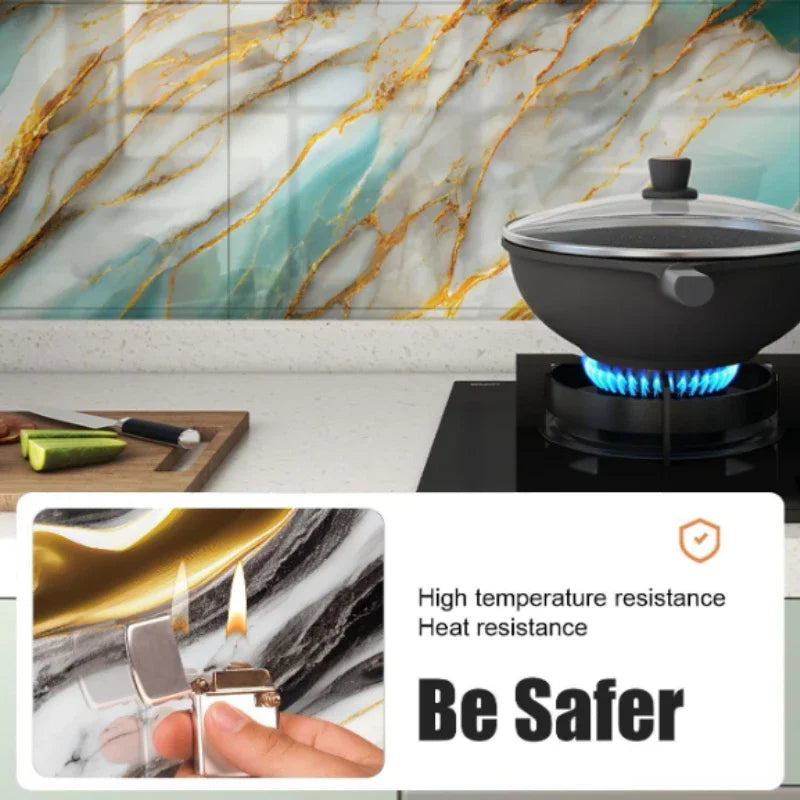 A close-up of a black indoor grill pan with blue flames, next to marble wall tiles and a safety warning.