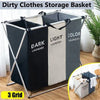 A foldable laundry basket with a metal frame and three grid compartments for sorting dark and light laundry.