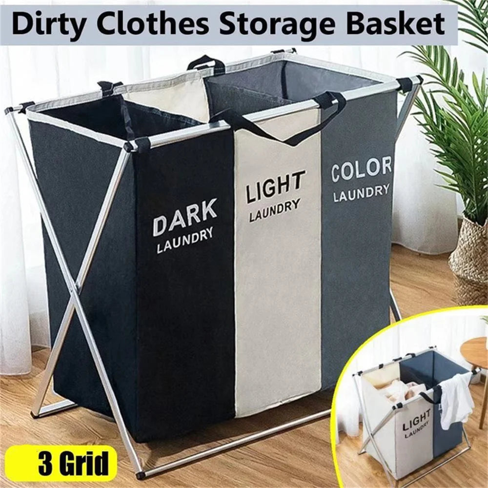 A foldable laundry basket with a metal frame and three grid compartments for sorting dark and light laundry.