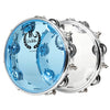 A close-up view of a self-tuning double row tambourine with stainless steel jingles, featuring blue and silver components.