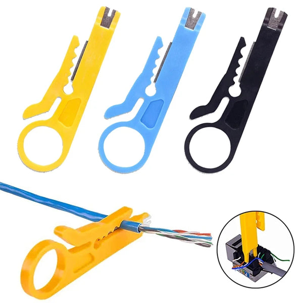 Set professioneller Drahtstripper und Crimpthilfen in Gelb, Blau und Schwarz.