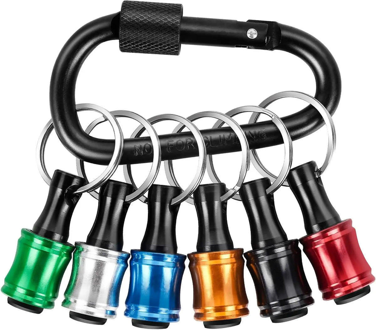 Black magnetic hex bit holder keychain with quick-release chuck and various colored bits