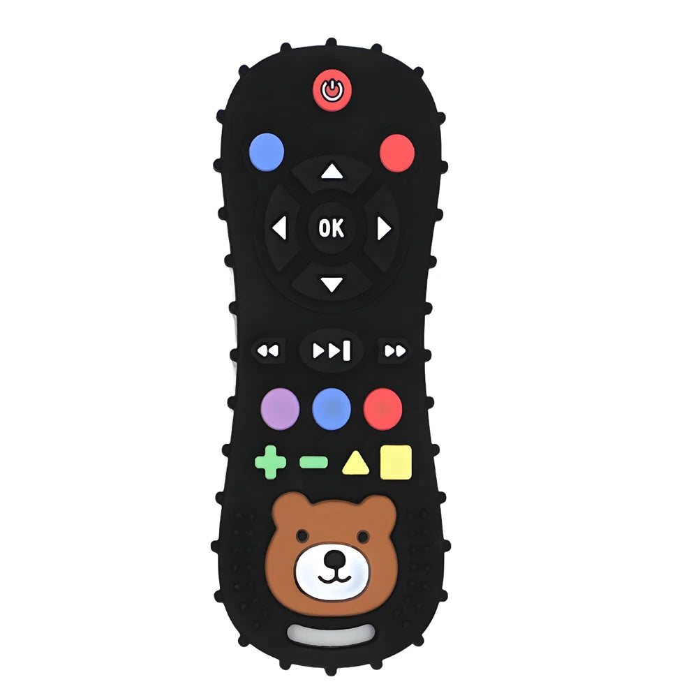 Black silicone baby teether shaped like a bear with various buttons and features