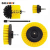 A set of three yellow and black scrubbing brushes for cordless drills.