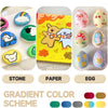 A set of gradient colored stones, paper, and eggs arranged in a grid for crafting.