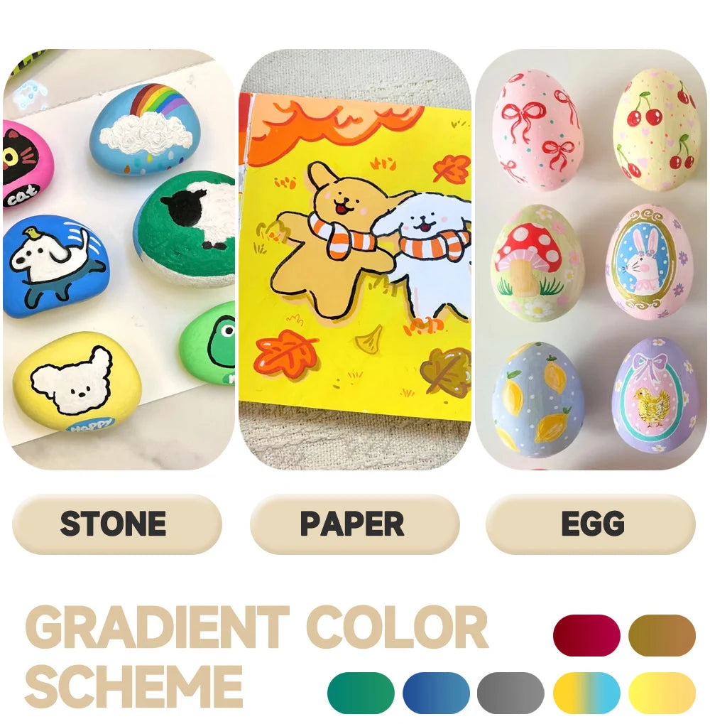 A set of gradient colored stones, paper, and eggs arranged in a grid for crafting.