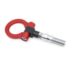 A red universal racing tow hook with a black mounting mechanism and a threaded metal shaft.