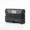 Black minimalist leather card holder with a bottle opener and a QR code on the front