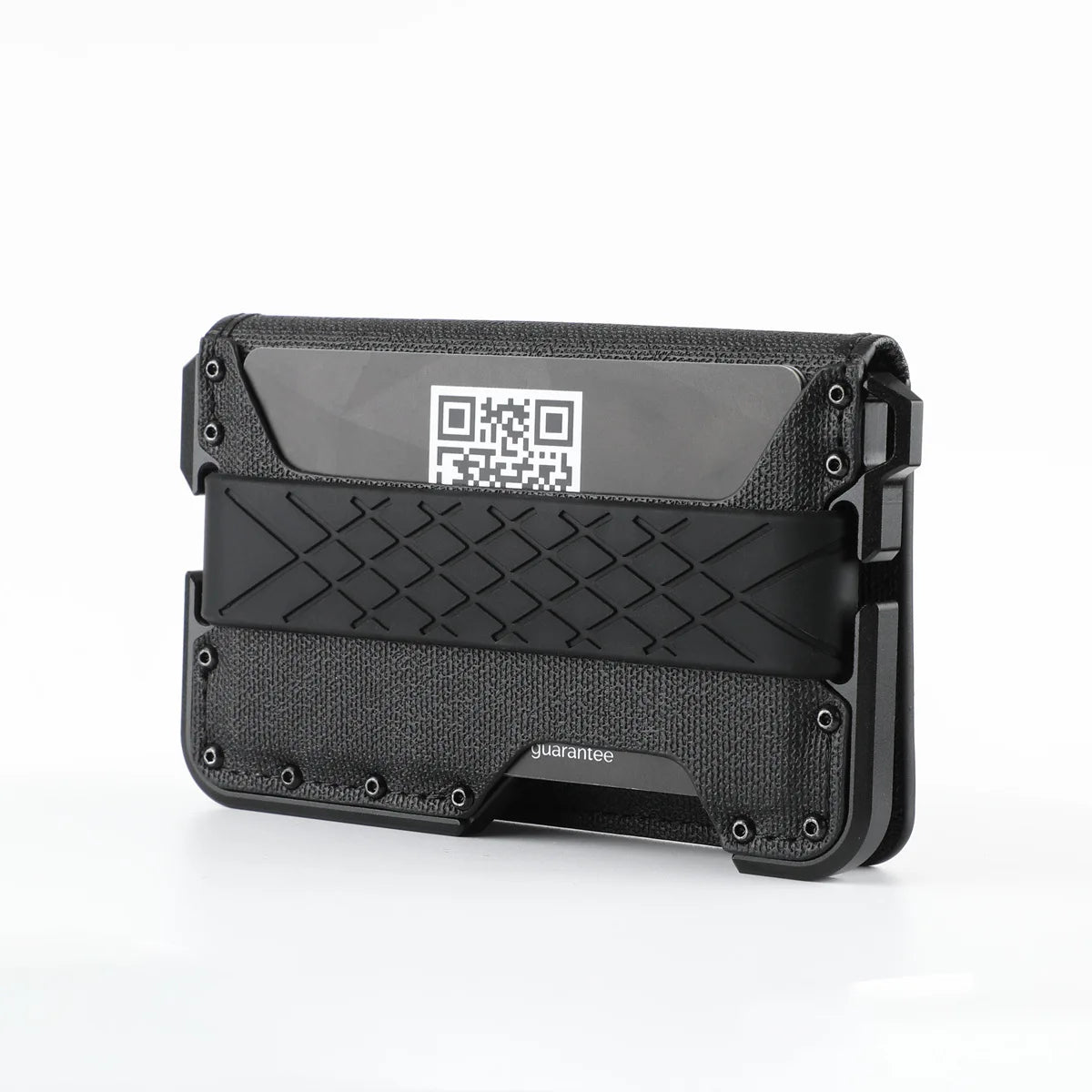 Black minimalist leather card holder with a bottle opener and a QR code on the front