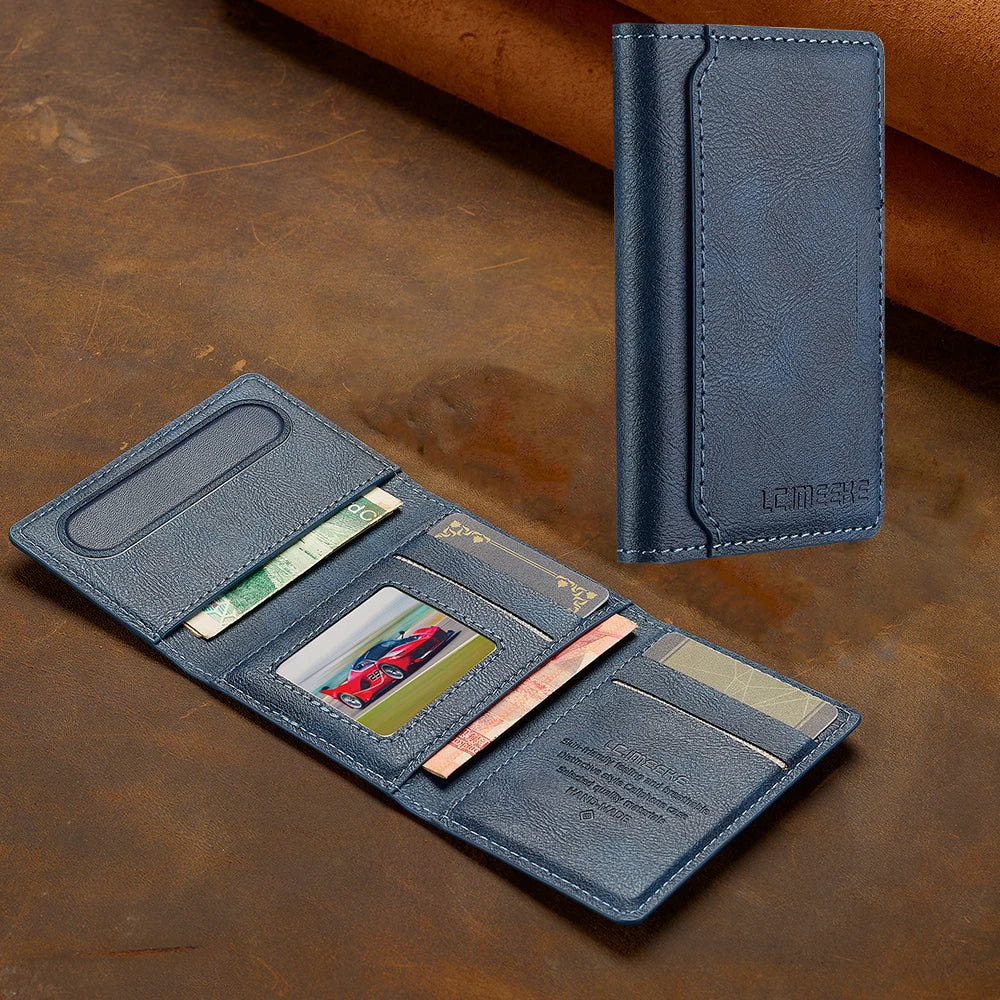 A dark blue leather magnetic wallet phone case with card slots is shown on a brown surface.