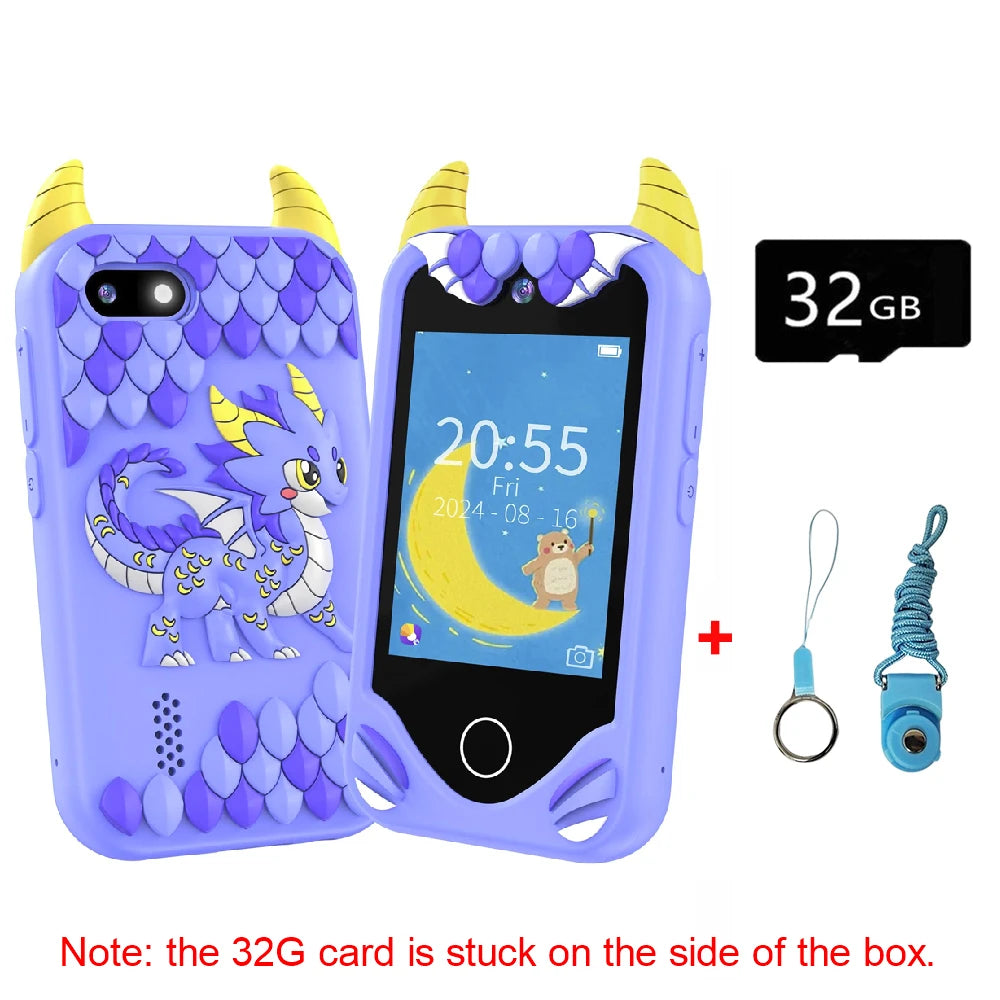 A purple kids smart phone toy with dual cameras and learning features, shown next to a memory card and cable.