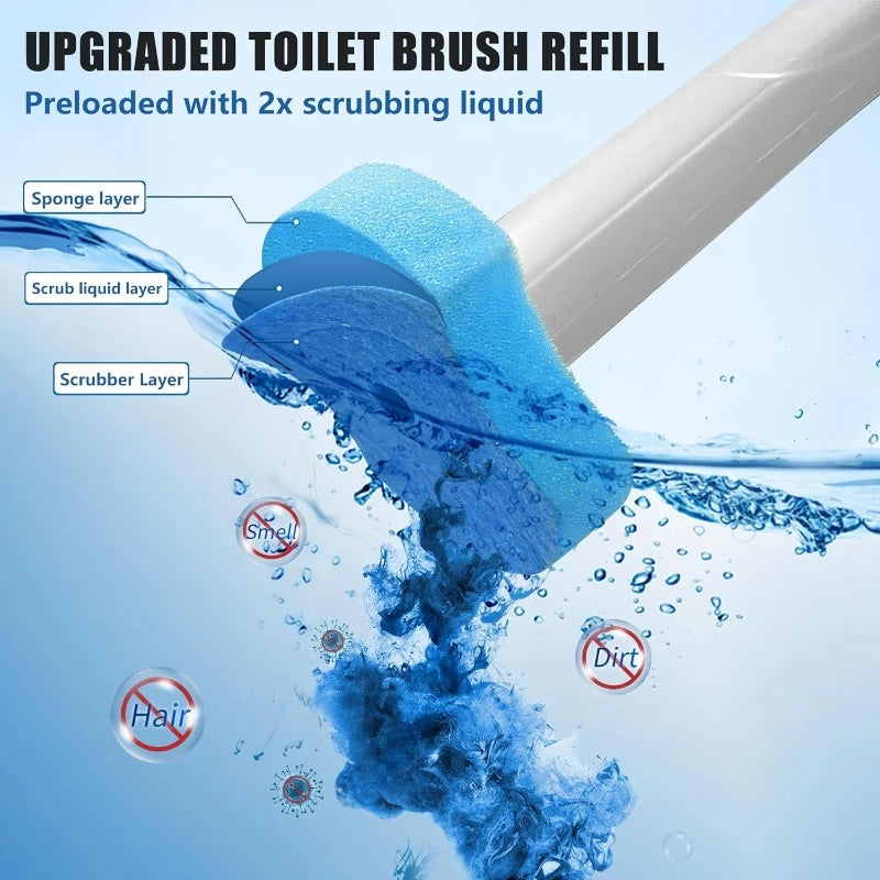 A close-up view of an upgraded toilet brush refill showing layered scrubbing liquid and sponge material.