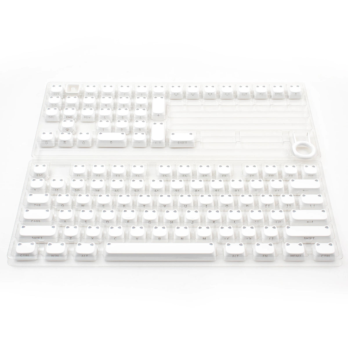 A white PBT keycap set with 113 keys and side-printed backlit characters for mechanical keyboards.