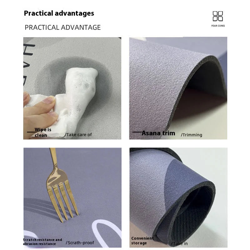 A close-up of a gray bath mat showing practical advantages like cleaning, trimming, and scratch resistance.