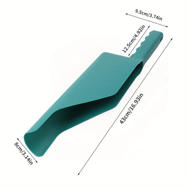 A teal flexible roof gutter cleaning tool shown in profile with dimensions labeled.