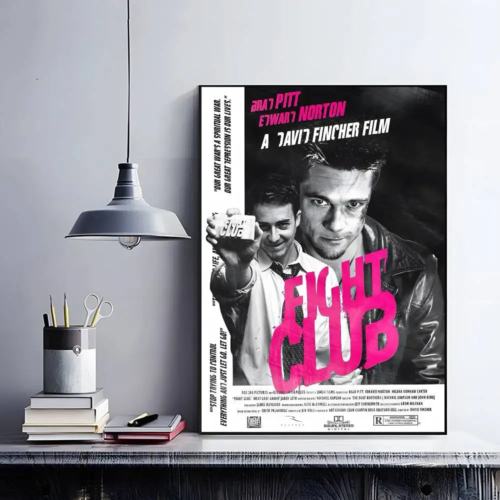 Poster for Fight Club movie featuring Brad Pitt and Edward Norton, displayed on a shelf.