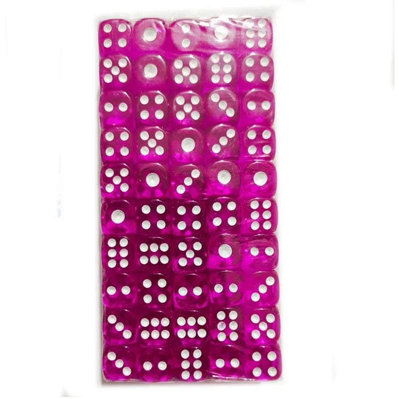 A grid of 100 transparent magenta acrylic D6 dice set for role-playing and board games