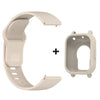 A beige silicone watch band and protective case for a smartwatch, shown separately.