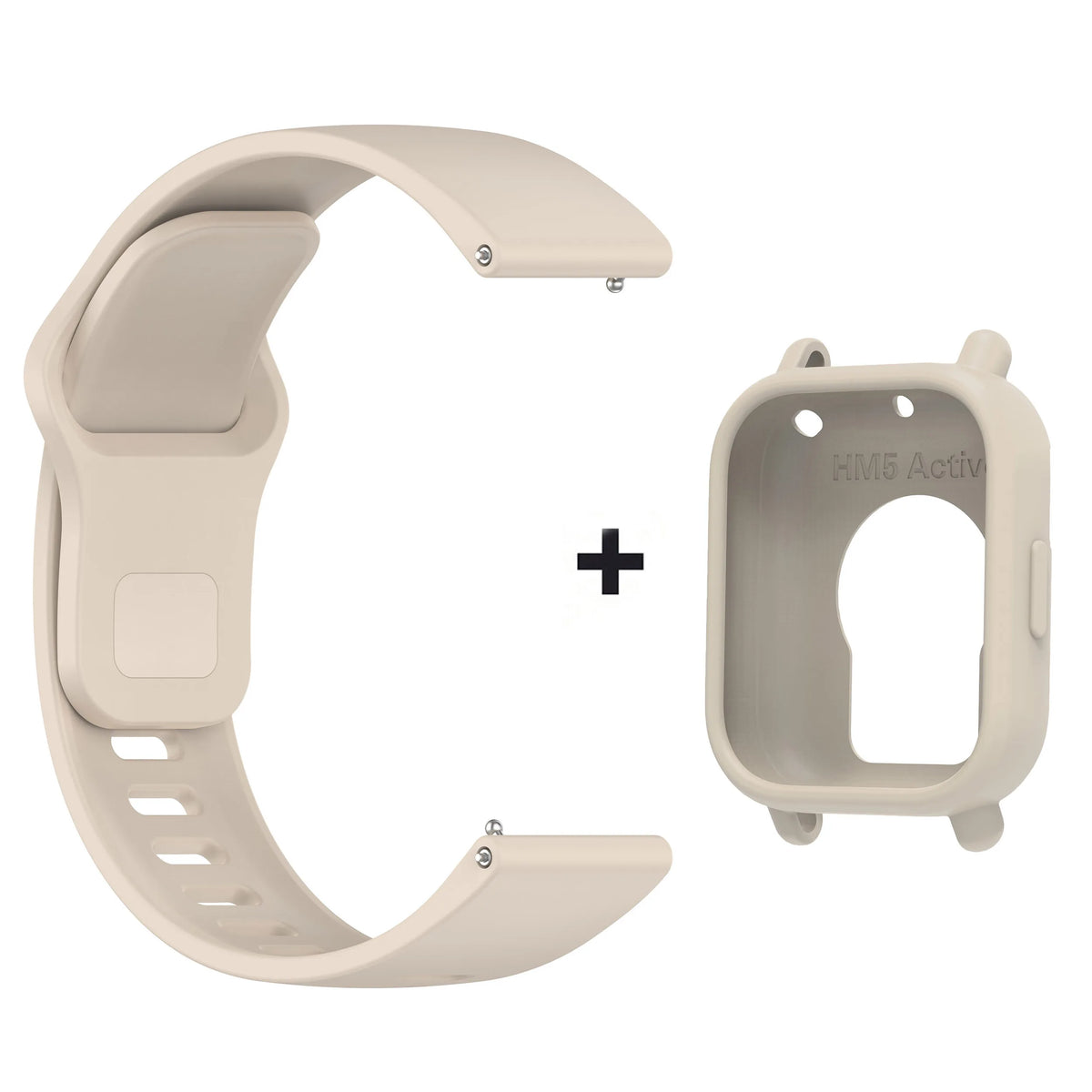 A beige silicone watch band and protective case for a smartwatch, shown separately.