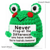 Handmade green crochet frog doll with a positive message card that reads Never Frog-et the Difference you have made You're to