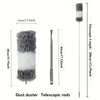 A gray and white telescopic duster with a fluffy head shown next to its dimensions.