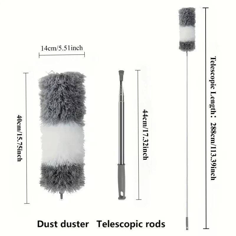 A gray and white telescopic duster with a fluffy head shown next to its dimensions.