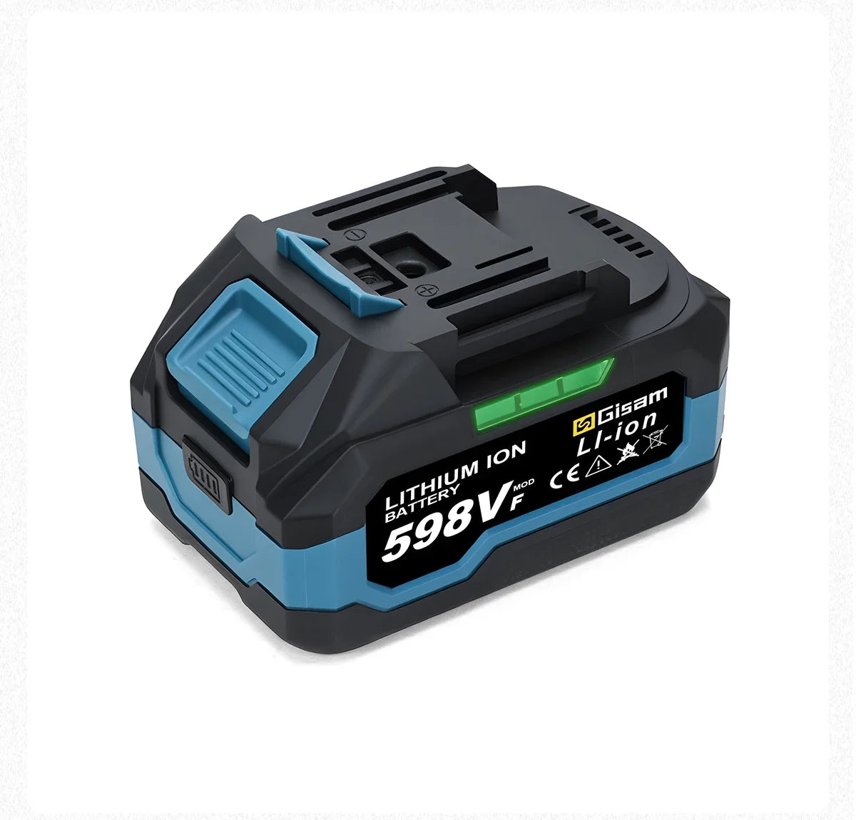 A black and blue rechargeable 598V Li-ion battery pack for power tools.