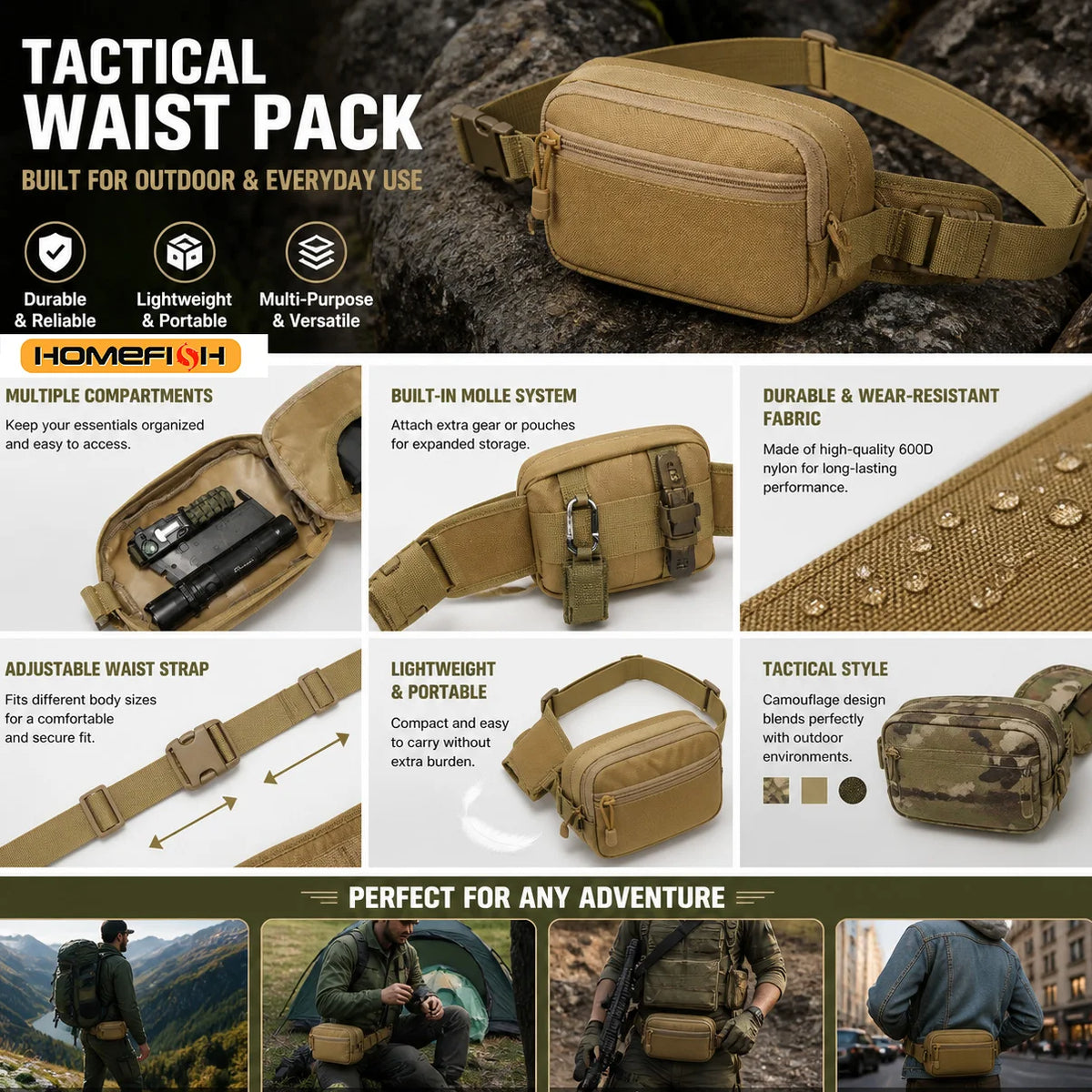 A tan tactical waist pack shown with various features and usage scenarios for outdoor adventures.