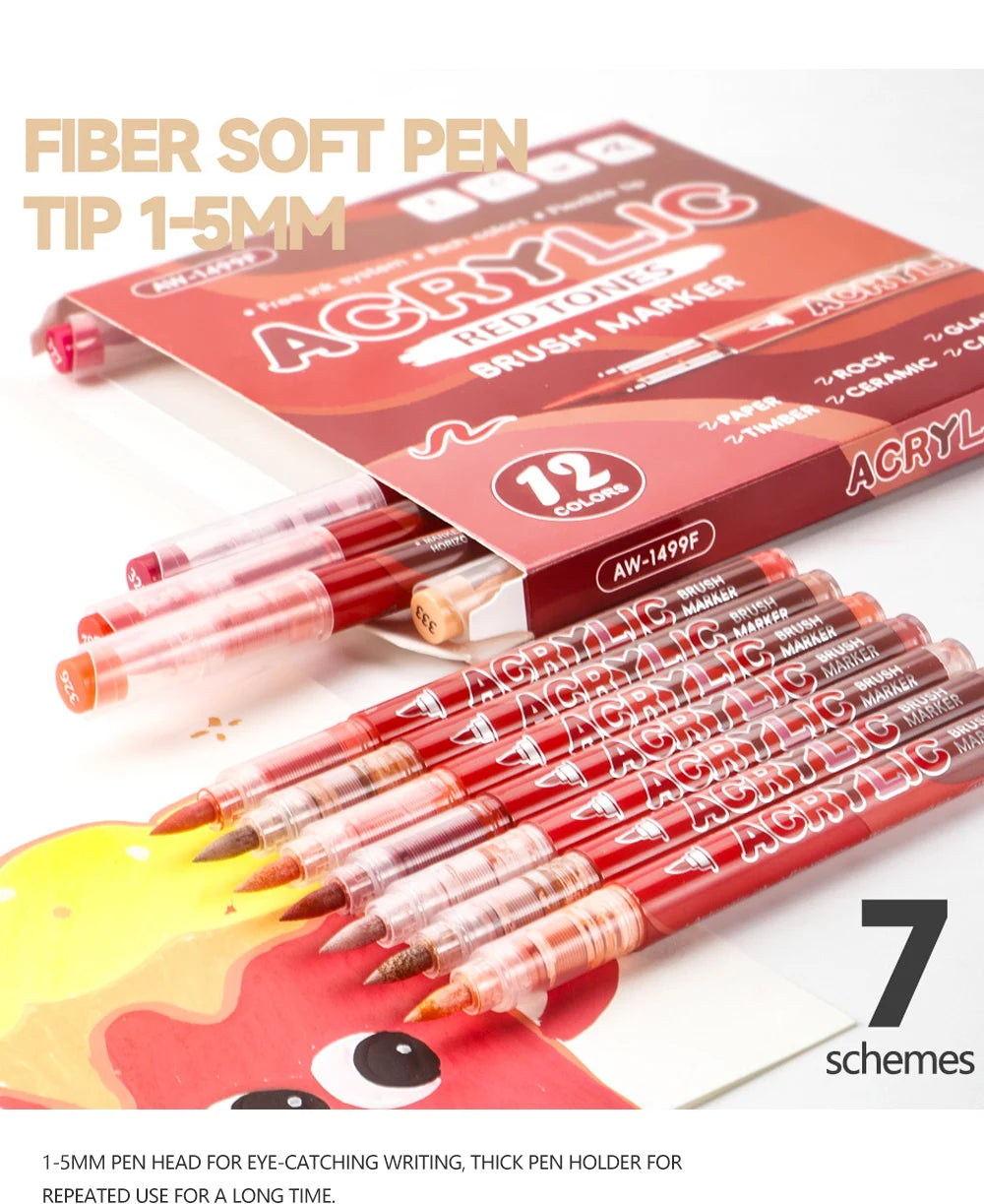 A set of 12-color acrylic paint markers with fiber soft pen tips shown next to the packaging.