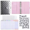 A pink A6 polka dot PU leather binder wallet with cash envelopes and card holder shown in various layouts.