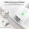 Close-up view of a white fine mesh laundry bag showing the hidden rust-proof zipper and rubber band attachment points.