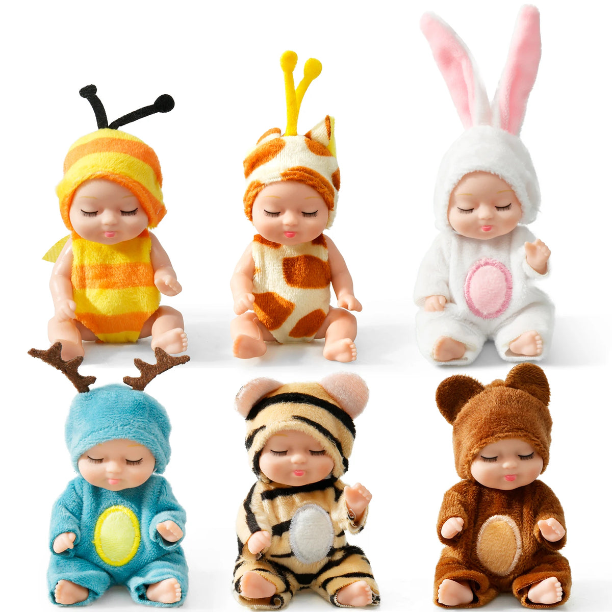 A collection of six mini reborn baby dolls with various outfits and accessories.