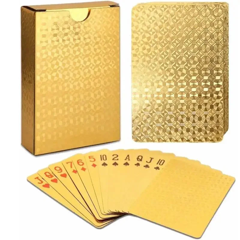 A gold foil playing card deck featuring various face cards and numbered cards.