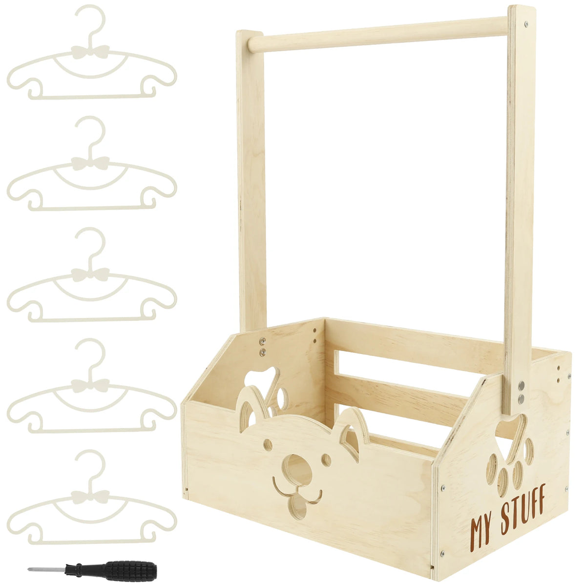 Wooden storage crate with a handle for baby essentials and toys, made of light wood.