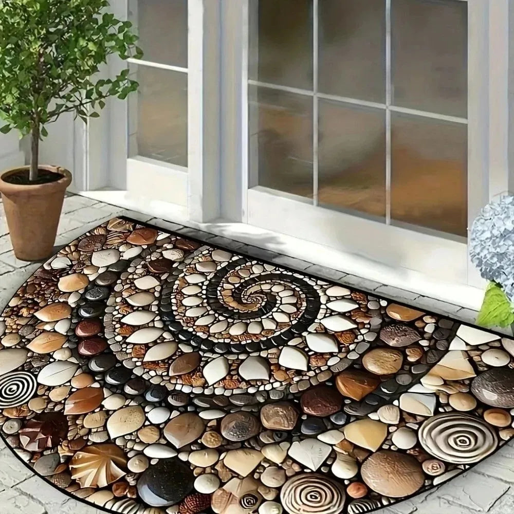 A vintage stone tile doormat featuring a spiral design made of various natural stones and shells.