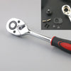A chrome vanadium ratchet wrench tool with sockets and various repair components is shown against a gray background.